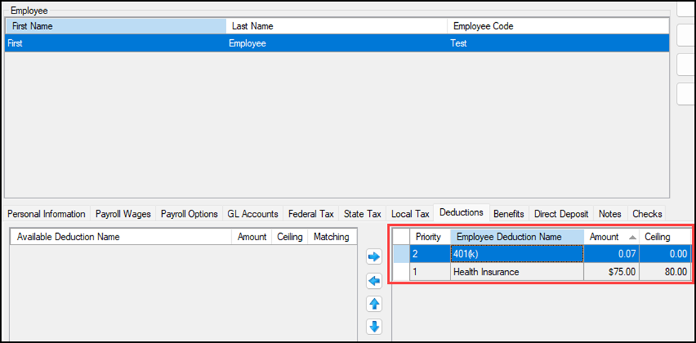 Image showing the employee deductions with Employer 401(k) enabled.